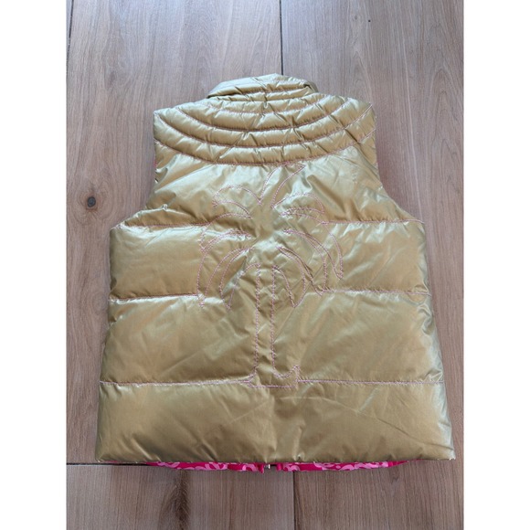 Lilly Pulitzer Girls Reversible Puffer Vest Gold Metallic Pink Palm Tree Print - Picture 3 of 8